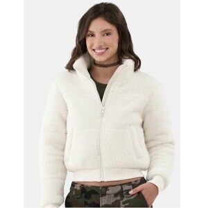 No Boundaries Zip Up Faux Fur Jacket Women's sz m Cream Lined Fit Girl 14-16